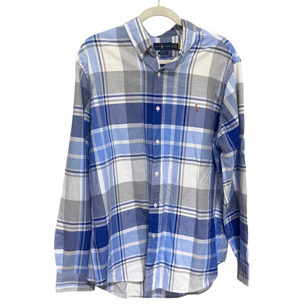 Ralph Lauren Button Down Shirt Plaid XL Blue Excellent Classic Fit Long Sleeve